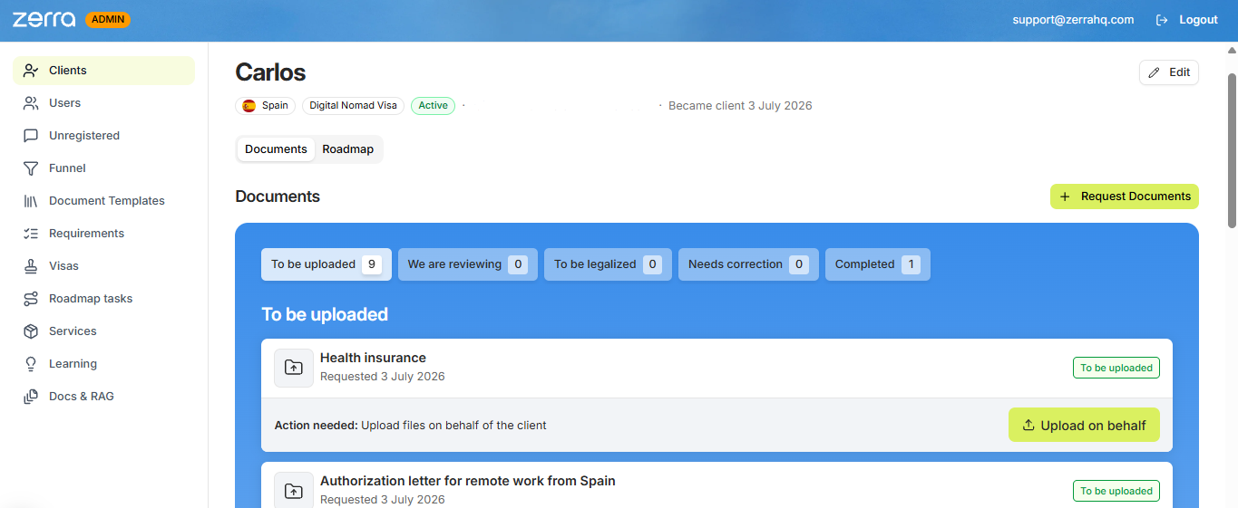 Admin client documents view with the status pipeline and upload on behalf action