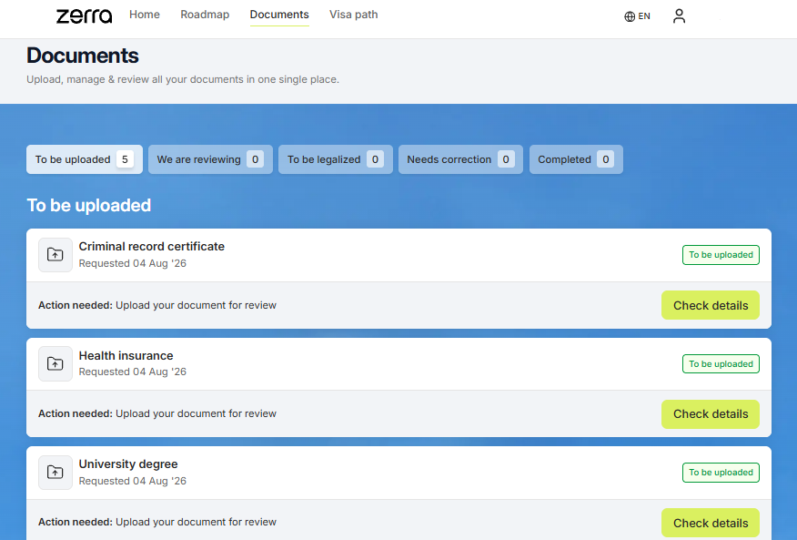 Client documents page with the five status tabs and requested documents