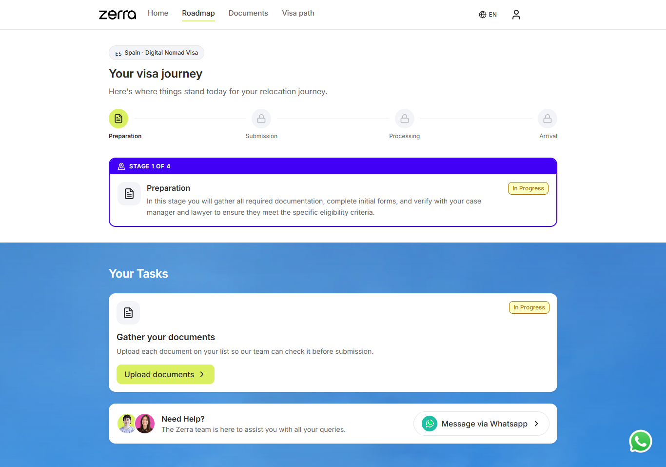 Client roadmap showing stage progress and the tasks currently assigned